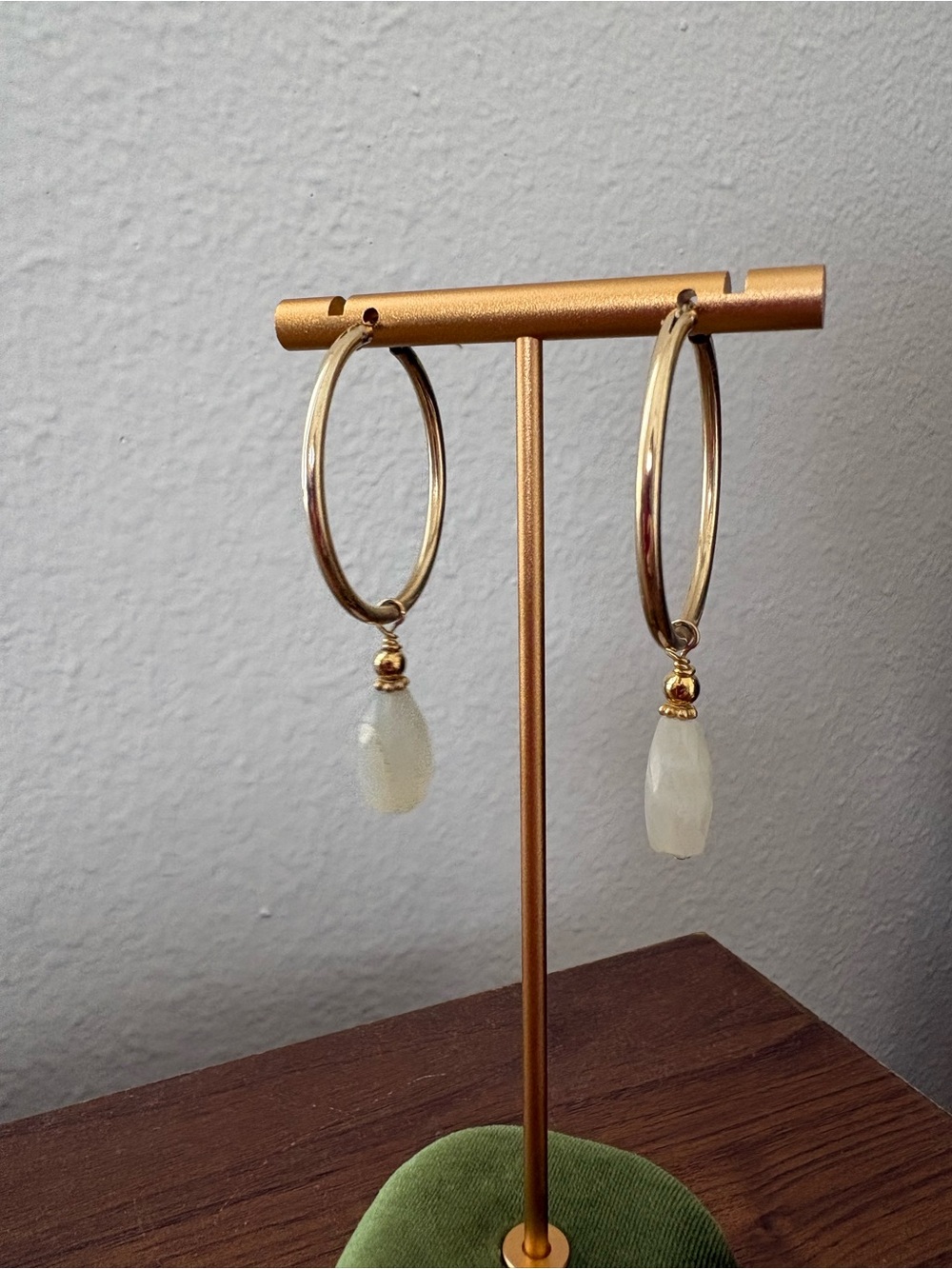 Gold Hoop Earrings with White Teardrop Stones